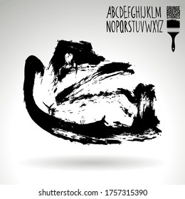 Black brush stroke and handwritten alphabet. Grunge vector abstract hand - painted element. Underline and border design.