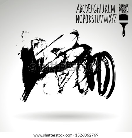 Black brush stroke and handwritten alphabet. Grunge vector abstract hand - painted element. Underline and border design.