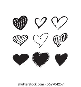 black brush stroke hearts set. hand drawn. design element for valentines day