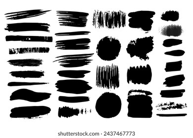Pincelada negra, pintura de tinta y fondo grunge, acuarela, textura sucia, salpicadura. Conjunto de elementos de diseño artístico vectorial aislado sobre fondo blanco.
