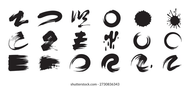 Schwarze Pinselstriche Linien und Grunge Formen Sammlung, Abstrakte Tinte Elemente Set. Vektorgrafik eps 10