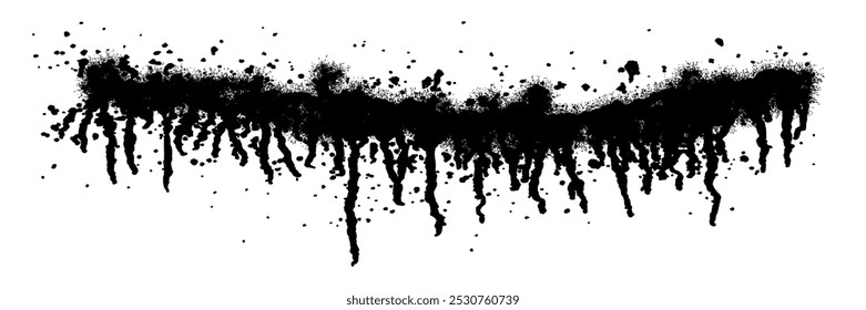 Black brush stroke made with spray with drips isolated on white background. Grunge stencil street airbrush painting. Graffiti with spots and blobs. Vector illustration
