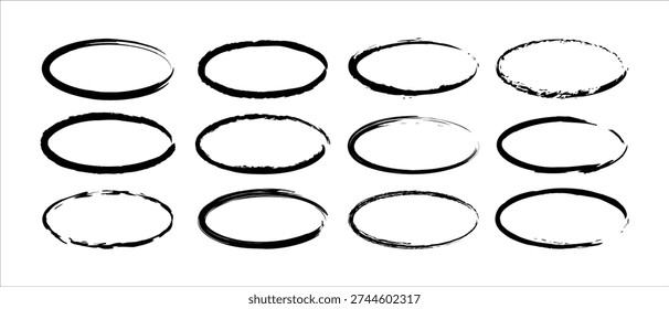 Black Brush Stroke Oval Frame Set – Hand Drawn Grunge Ink Circle Collection Vector