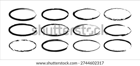 Black Brush Stroke Oval Frame Set – Hand Drawn Grunge Ink Circle Collection Vector