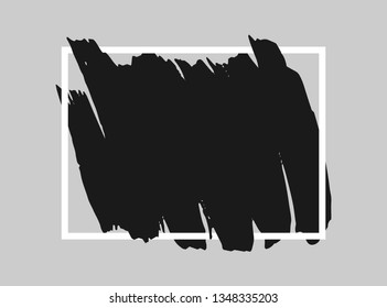 Black brush stroke over rectangular frame. Abstract grunge background template. 