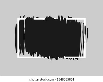 Black brush stroke over rectangular frame. Abstract grunge background template. 