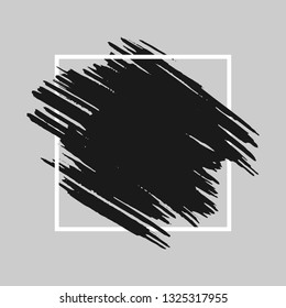 Black brush stroke over square frame. Abstract grunge background template. 