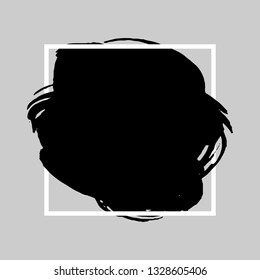 Black brush stroke over square frame. Abstract grunge background template. 