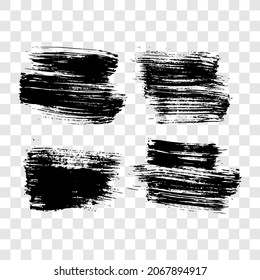 Black brush stroke. Set of four hand drawn ink spots isolated on transparent background. Vector illustration