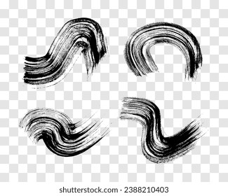 Black brush stroke. Set of four hand drawn ink spots isolated on transparent background. Vector illustration
