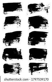 El trazo del pincel negro se aísla sobre fondo blanco. Pinza de pincel de moda para pintura de tinta negra, salpicaduras de grunge, banner de suciedad, diseño de acuarela y textura sucia. Concepto de arte creativo, ilustración vectorial