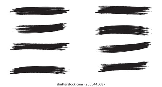 Black brush stroke set isolated on white background. Trendy brush stroke for black ink paint,grunge backdrop, dirt banner,watercolor design and dirty texture.Creative art concept, vector illustration 