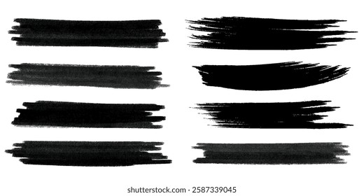 Black brush stroke set isolated on background. Paint brush stroke vector for ink paint, grunge design element, dirt banner, watercolor design, dirty texture.