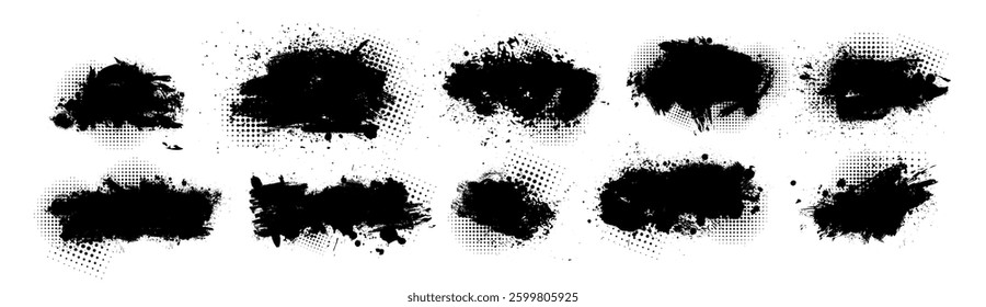 Black brush stroke set isolated on background. Paint brush stroke for ink paint, grunge design element, dirt banner, watercolor design, dirty texture. Trendy brush stroke. hand drawn. Not AI, Vector.