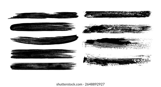 Traçado do pincel preto definido isolado no plano de fundo. Pintar o vetor de traçado do pincel para tinta, elemento de design grunge, faixa de sujeira, projeto de aquarela, textura suja. Traçado de pincel na moda, ilustração de vetor