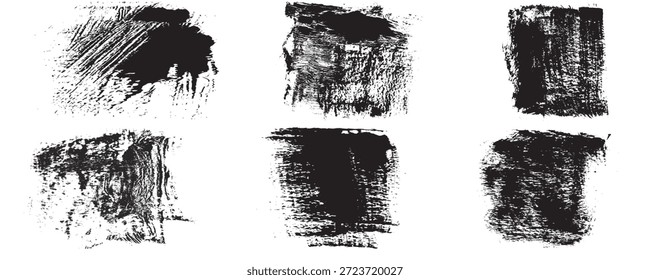 Conjunto de pinceladas negras aisladas sobre fondo blanco. Pincelada de moda para pintura de tinta negra, fondo grunge, Anuncio de suciedad, diseño de acuarela y textura sucia. Concepto de arte creativo, Vector.
