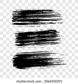 Black brush stroke. Set of three hand drawn ink spots isolated on transparent background. Vector illustration