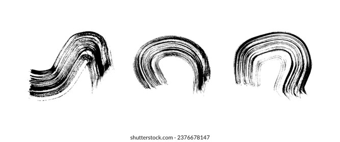 Golpe de pincel negro. Conjunto de tres manchas de tinta dibujadas a mano aisladas sobre fondo blanco. Ilustración del vector