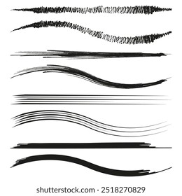 Black brush stroke set. Uneven hand-drawn lines. Rough sketch texture. Artistic ink shapes.