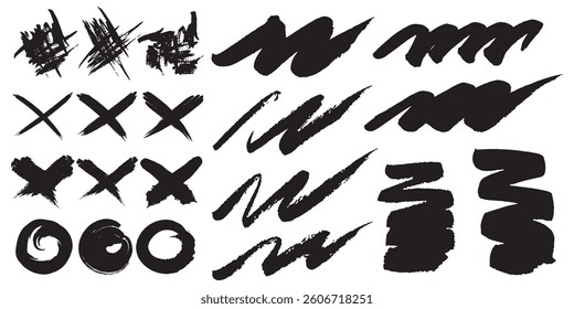Black Brush Stroke Shapes with X and Circular Patterns on white Background