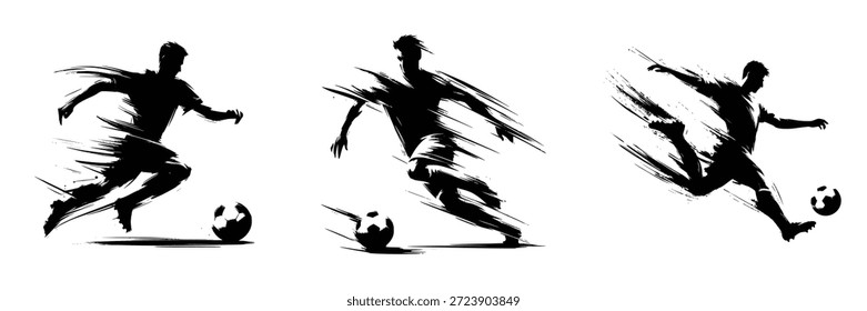 black brush stroke silhouette of a playing soccer on white background