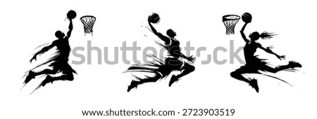 black brush stroke silhouette of a playing basketball on white background