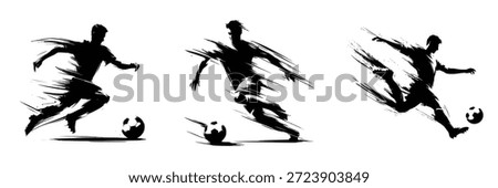 black brush stroke silhouette of a playing soccer on white background