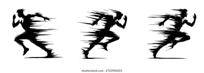 black brush stroke silhouette of a running man on white background