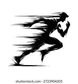 black brush stroke silhouette of a running man on white background