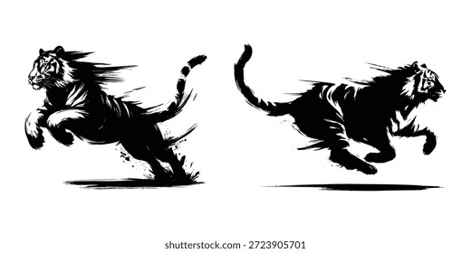 black brush stroke silhouette of a running tiger on white background