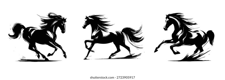 black brush stroke silhouette of a running horse on white background
