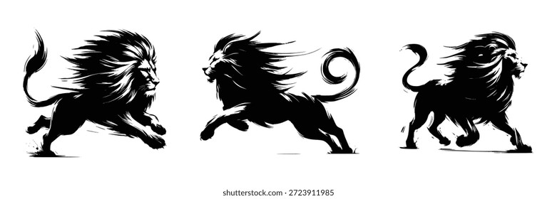 Silueta negra del trazo del pincel de un león que corre en el fondo blanco