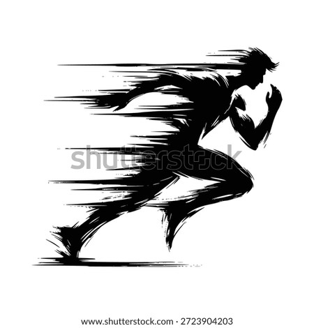 black brush stroke silhouette of a running man on white background