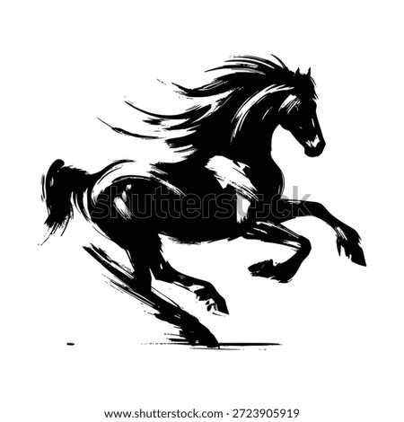 black brush stroke silhouette of a running horse on white background