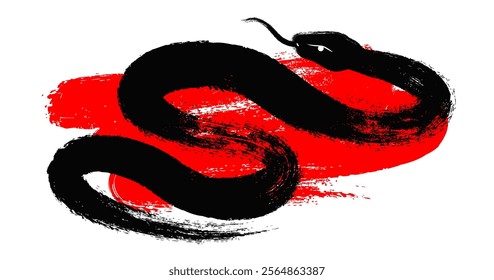 Black brush stroke snake on red paint brush, vector illustration