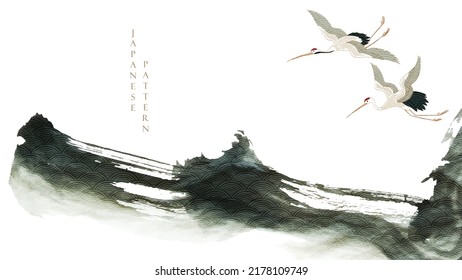 Black brush stroke texture with Japanese ocean wave pattern in vintage style. Abstract art landscape banner design with watercolor texture vector. Crane birds element.