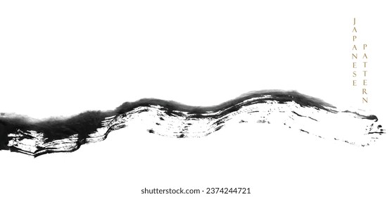 Black brush stroke texture with Japanese ocean wave pattern in vintage style. Abstract art landscape banner design with watercolor texture vector