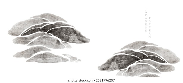 Black brush stroke texture with Japanese mountain pattern in vintage style. Abstract art landscape banner design with watercolor texture vector. Crane birds element