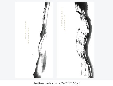 Black brush stroke texture with Japanese ocean wave pattern in vintage style. Abstract art landscape banner design with watercolor texture vector. 