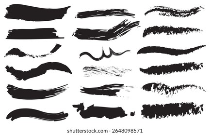 Traçados de pincel preto . textura grunge abstrata .  Caneta, giz mão desenhada sublinhado, marca. Linha, traçado, faixa, rabisco de forma.  Pictogramas e infográficos para aplicativos móveis. ilustração vetorial.