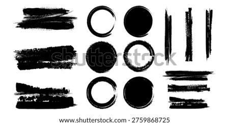 Black brush strokes and circles in various sizes and orientations on a plain white background