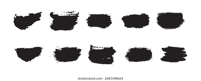 Black brush strokes for creative design projects, use these varied textures to add visual interest to any composition. Vector illustration.