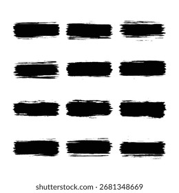 Black brush strokes for creative design projects, use these varied textures to add visual interest to any composition. Vector illustration.