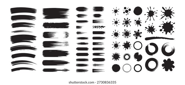 Schwarze Pinselstriche, Punkte und dekorative Formen, abstrakte Tintendesign-Elemente. Vektorgrafik eps 10