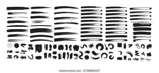Traçados de pincel preto, conjuntos de pontos e formas decorativas, elementos de design de tinta abstrata. ilustração vetorial eps 10