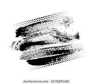 Pinceladas negras con textura grunge y puntos semitonos. Manchas de tinta rugosa en diseño Horizontal para Anuncio, póster o marco abstracto. Angustiada Ilustración vectorial artística.