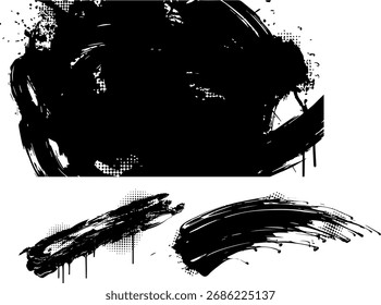 Pinceladas negras con efectos de semitono y salpicaduras, creando Formas y texturas abstractas. Algunos accidentes cerebrovasculares tienen goteo.