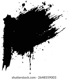 Black brush strokes and ink drops on white canvas