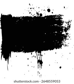 Black brush strokes and ink drops on white canvas