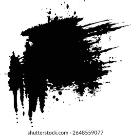 Black brush strokes and ink drops on white canvas